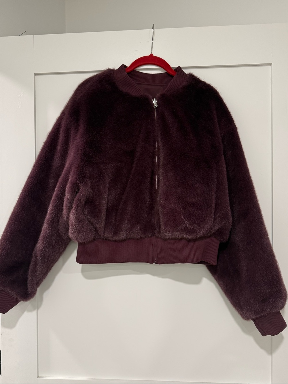 H&M Plush Bomber Jacket in Burgundy